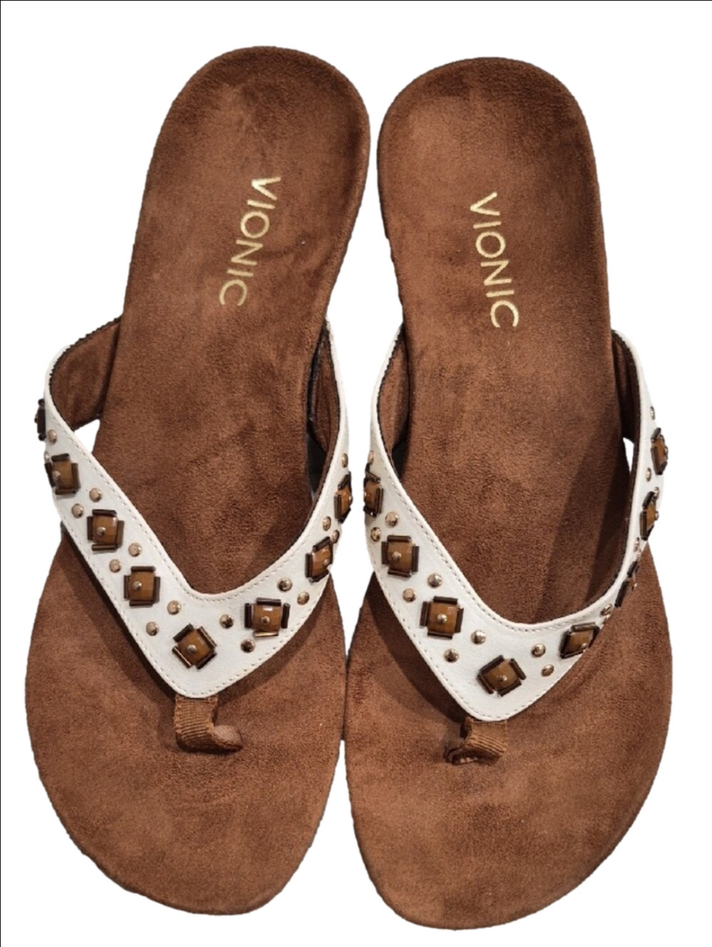Vionic Beaded Thong Sandals Orthotic White Brown Size 8 - Picture 2 of 8